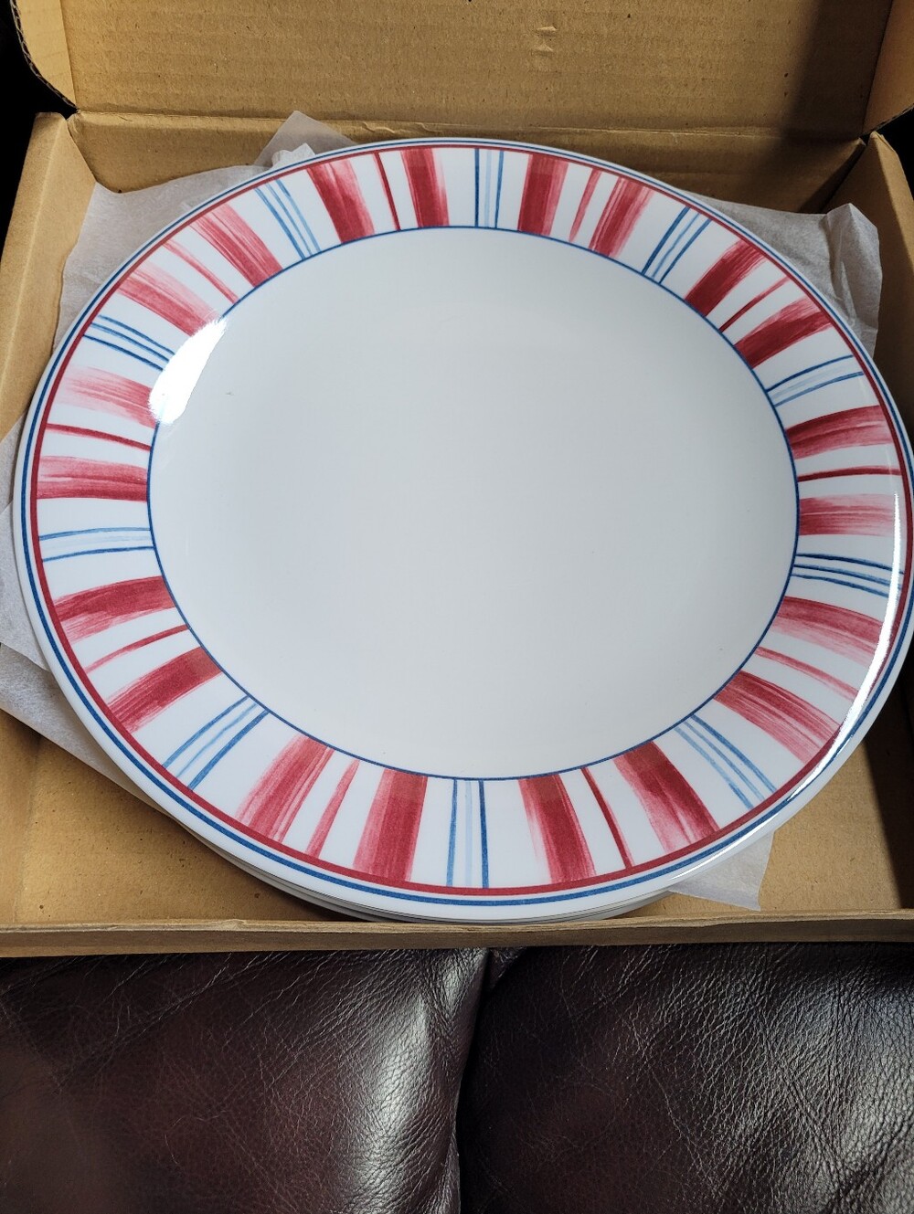Longaberger Melamine Classic Red & Blue Stripe Ceramic Dinner Plates (116)